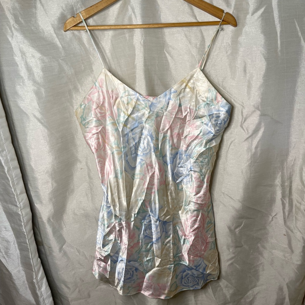 VTG 90’s White Colorful Floral Rose Print V-Neck Mini Slip Dress Chemise